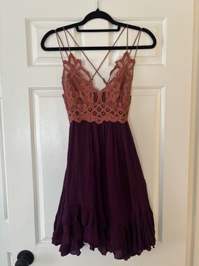 Free People Dusty Rose Lace Bodice Mini Dress with Plum Skirt - Size XS - NWT